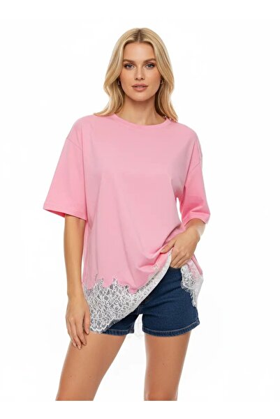 Park Karon Women's Crew Neck Skirt Lace Detail Combed Cotton Tunic 13005