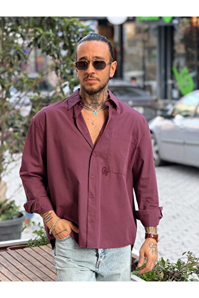 manch collection 100% Cotton Oversized Single Pocketed Shirt Claret Red