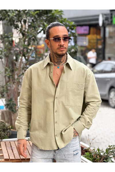 manch collection 100% Cotton Oversized Single Pocketed Shirt Green