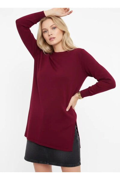 Park Karon Women's Crew Neck Sweater with Slit Premium Yarns on the Sides, Ca...