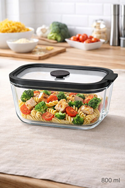 welcomein 800 ml Black-Lid Glass Storage Container – Leak-Proof Lid, Rectangu...
