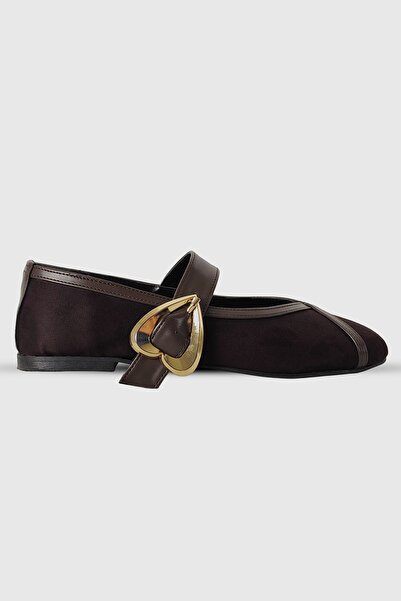 Modezya Coffee Suede Heart Buckle Detail Round Toe Ballet Flats