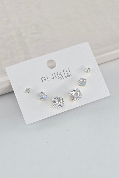 By Zeyna Aksesuar Steel Baguette Square Zircon Stone Yellow Color 6-Piece 3 S...