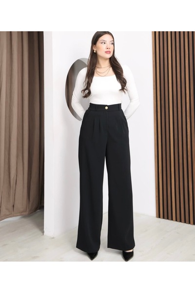Moda Banuş Women's Gold Buttoned Casual Pleated Palazzo Latina Drapey Trouser...