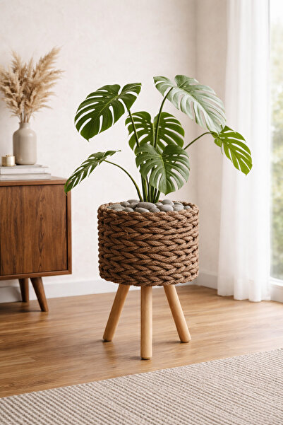 Bohem studio Ayaklı Jüt Örgü Saksı – Doğal Bohem Dekoratif Çiçeklik