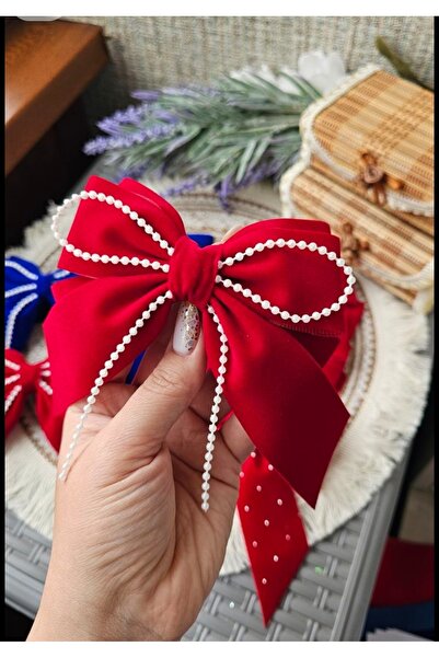 LO ADORO Red and White Pearl Velvet Bow Buckle Special Production Hair Accessory