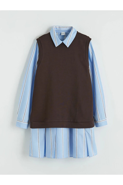 LC Waikiki Lcw Kids Blue Crew Neck Striped Girls' Dress and Undershirt