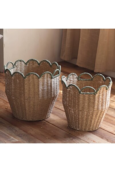 ETERNAL SUNSHINE Hasır bambu Çiçekli Ağız Tasarımlı 2’li Sepet Seti & Dekorat...