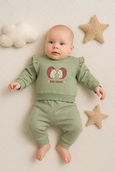 MiniElegans Hedgehog Embroidered 100% Cotton 2-Piece Baby Girl Set