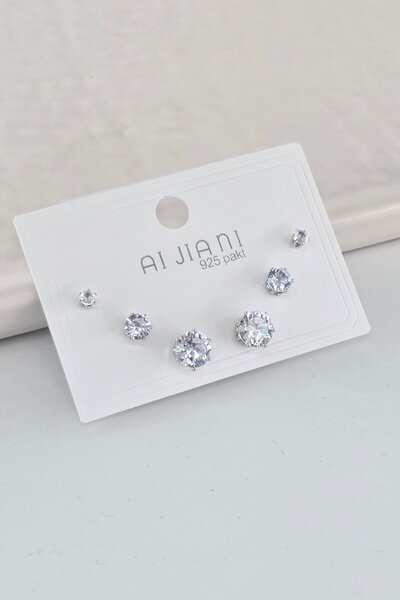 By Zeyna Aksesuar Steel Baguette Oval Zircon Stone Silver Color 6-Piece 3 Siz...