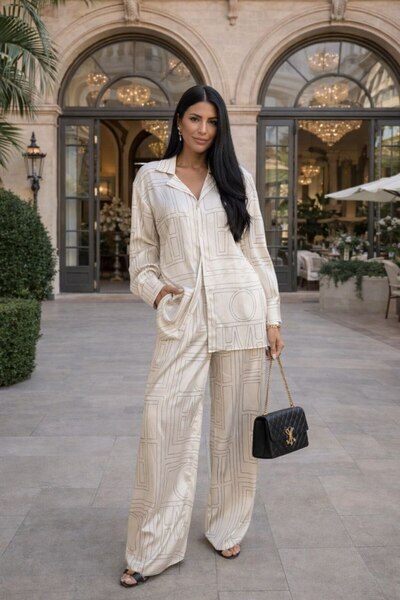 ANBLYs COLLECTION Double-Breasted Shirt and Pants Silk Mixed Satin Fabric Geo...