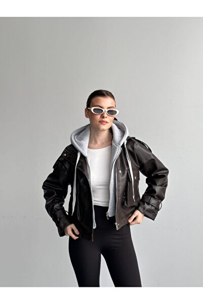 asyadabutik Women's Fleece Detailed Hooded Leather Jacket