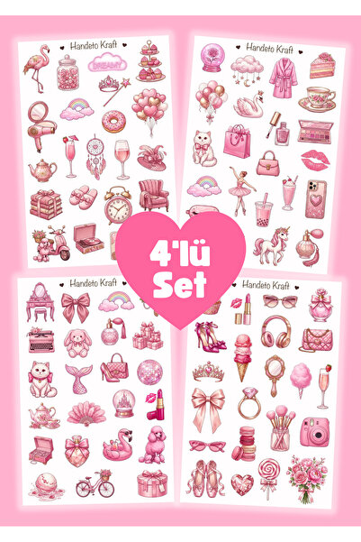 4'lü Pink Aesthetic Sticker Set, Çıkartma, Scrapbook, Bullet Journal Etiket, Pembe Sticker