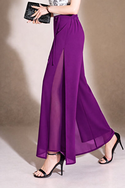 Hazel Women's Plum High Waist Slit Double-Layered Chiffon Pants