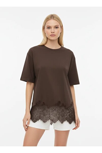 Park Karon Women's Crew Neck Skirt Lace Detail Combed Cotton Tunic 13005