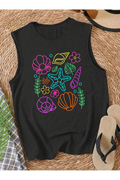 SUNFREE Summer Neon Sea Shell B Printed Summer Sleeveless Crew Neck Women's T...