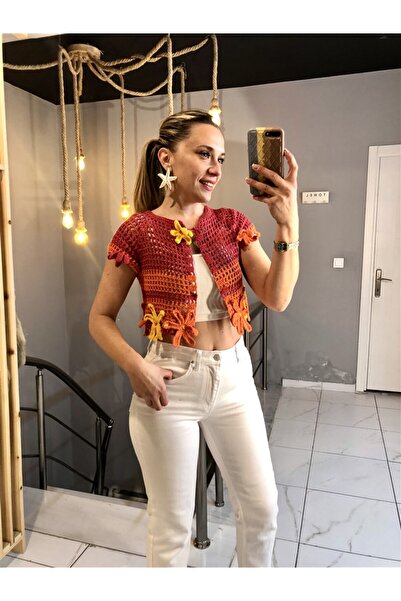 Gözde Tasarım Butik Women's Red Orange Color Block Handmade Crochet Knitted B...