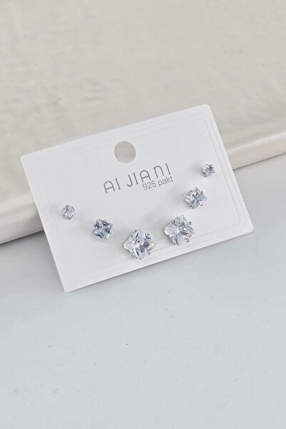 By Zeyna Aksesuar Steel Baguette Square Zircon Stone Silver Color 6-Piece 3 S...