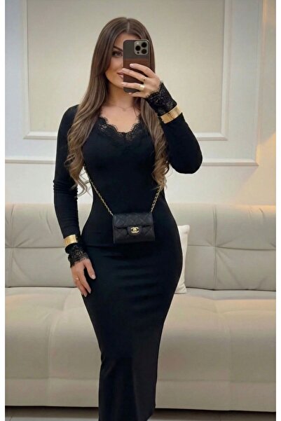 Look Kadıköy Kadın V Yaka Dantel Detaylı Uzun Şık Kalem Elbise