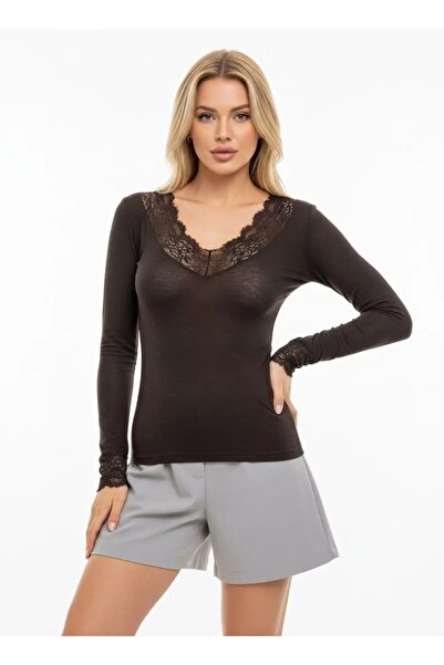 Park Karon Bluză de damă cu decolteu în V dantelă Detail bumbac moale 13010