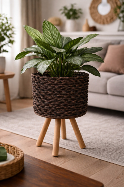 Bohem studio Ayaklı Örgü Çiçeklik – Kahverengi Bohem Dekoratif Standlı Saksı