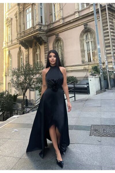 maf collection Women's Satin Black Halter Neck Evening Dress with Flower Deta...