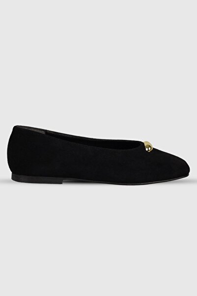 Modezya Black Suede Stone Detailed Blunt Toe Women's Shoes Ballet Flats