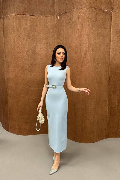 Caddebostan Moda Women's Slit Belt Piece Sleeveless Midi Length Dress