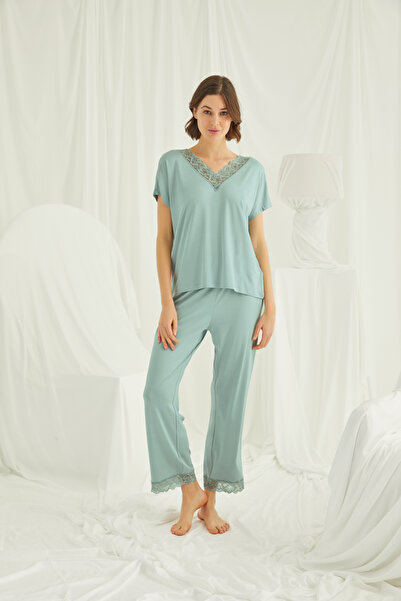 MONAMİSE Women'S, Light Green, Short Sleeve V-Neck Pajama Set of Lace