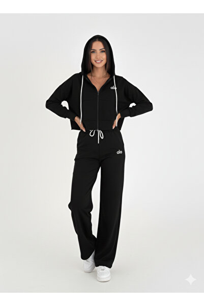 Butik Women's Black Hooded Zippered Sweatshirt Jacket + Pocketed Jogger Pants...