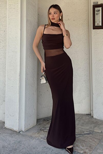 Swist Brown Bel Tulle Low-Cut Strappy Women's Sandy Dress with Shawl Detail