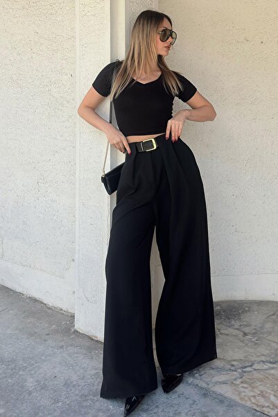 Swist Black Nikki Pleated Detailed Set of Belt Wide-Leg Women's Palazzo Pants