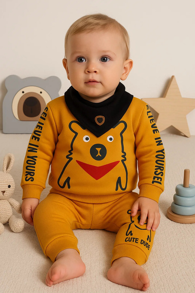 Generic Brand 3-Piece Baby Boy Set with Playful Eyes and Scarf
