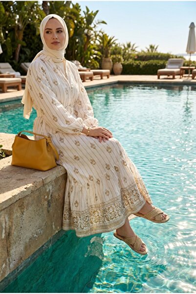 Kirazca Butik Women's Gold Patterned Belt Piece Hijab Summer Long Dress (Unli...