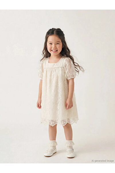 LC Waikiki LCW Παιδικό Μπεζ Κοριτσίστικο Φόρεμα Με κέντημα Δαντέλα