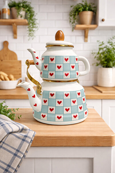 ALEV EMAYE Kalp Patterned Enamel Teapot Set 2.5 Lt Water Jug 1 Lt Teapot Enam...