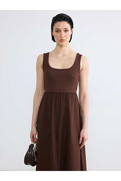 LC Waikiki Lcw Vision Brown Square Collar Ruched Waist-Fitted Dress
