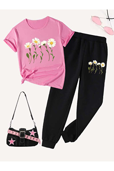 Rayan & Hoor Style Papatya Printed Sweatpants and T-Shirt Top and Bottom Trac...