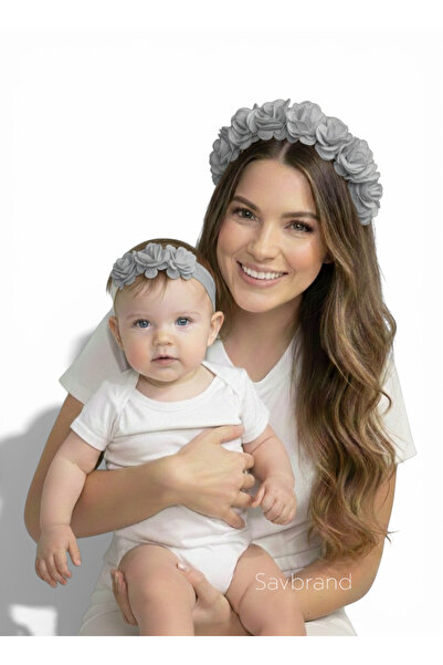 SavBrand Gray Floral Mother's Crown and Baby Bandana