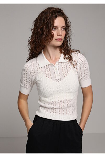 Colin's Slim Fit Polo Collar Plain Women's Ecru Short Sleeve Sweater