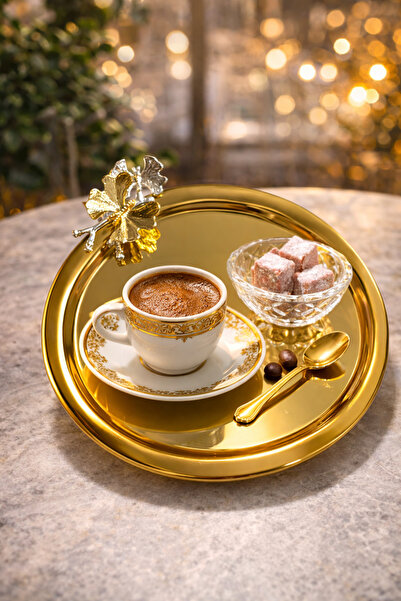 KEA Gold Aynalı Yuvarlak Sunum Tepsisi – Dekoratif Kelebek Detaylı Şık Tasarım