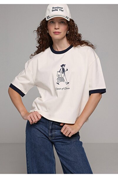 Colin's Regular Fit Round Neck Printed Women's Ecru Short Sleeve T-Shirt