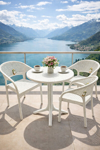 ZİYNET HOME Balkon Bahçe Teras Takımı Rattan Beyaz Çay Seti 60x60 Masa 2+1 ad...