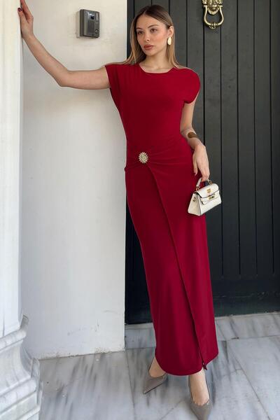 Swist Burgundy Waist Buckle Detail Low Sleeve Double-Breasted Women's Sandy D...