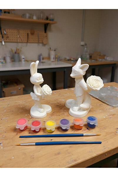 Mynivora Sevgiliye Özel Tilki & Tavşan Boyama Seti – 2 Figür 6 Renk Boya 2 Fırça