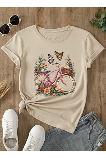 Trend Sizde Unisex Beige Floral Bicycle Printed Crew Neck T-Shirt