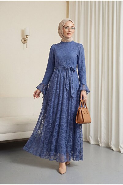 Modamorfo Floral Print Guipure Lace Pcs Handle Ruffled Belt Pcs Lined Dress -...