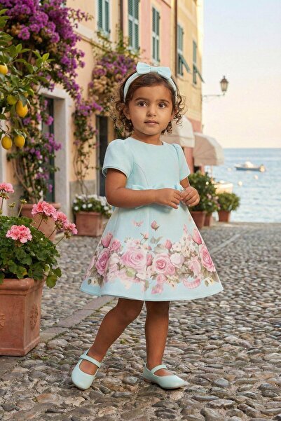 Pamina Soft blue floral print dress with hair accessory