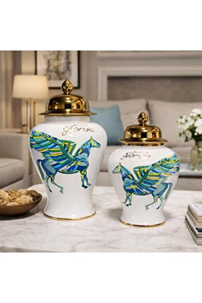Generic Ceramic Vase Set with Horse Pattern and Golden Details