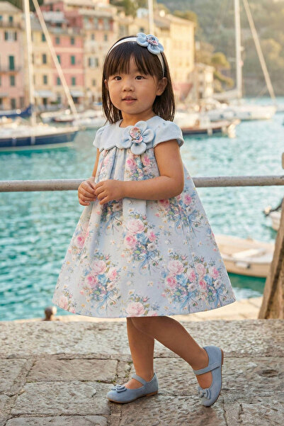Pamina Soft blue floral print dress with hair accessory